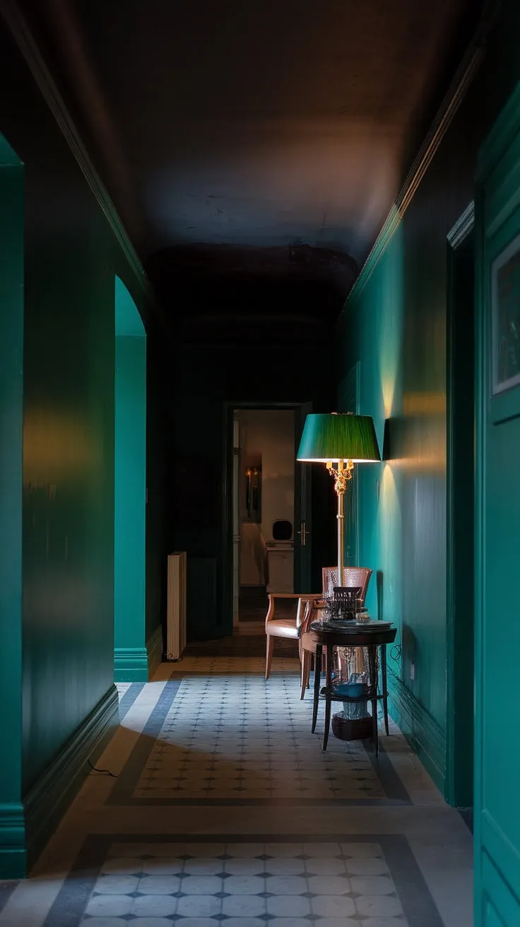 The combination of deep green walls, a dark ceiling, and a checkerboard floor transforms this small dark hallway into a moody luxe retreat illuminated by a stylish lamp.