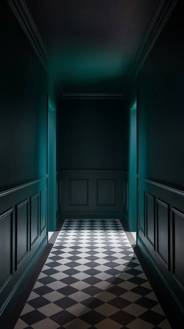 A moody hallway featuring deep green walls, a dark painted ceiling, and a striking checkerboard floor creates a luxe atmosphere with a captivating light source at the end.
