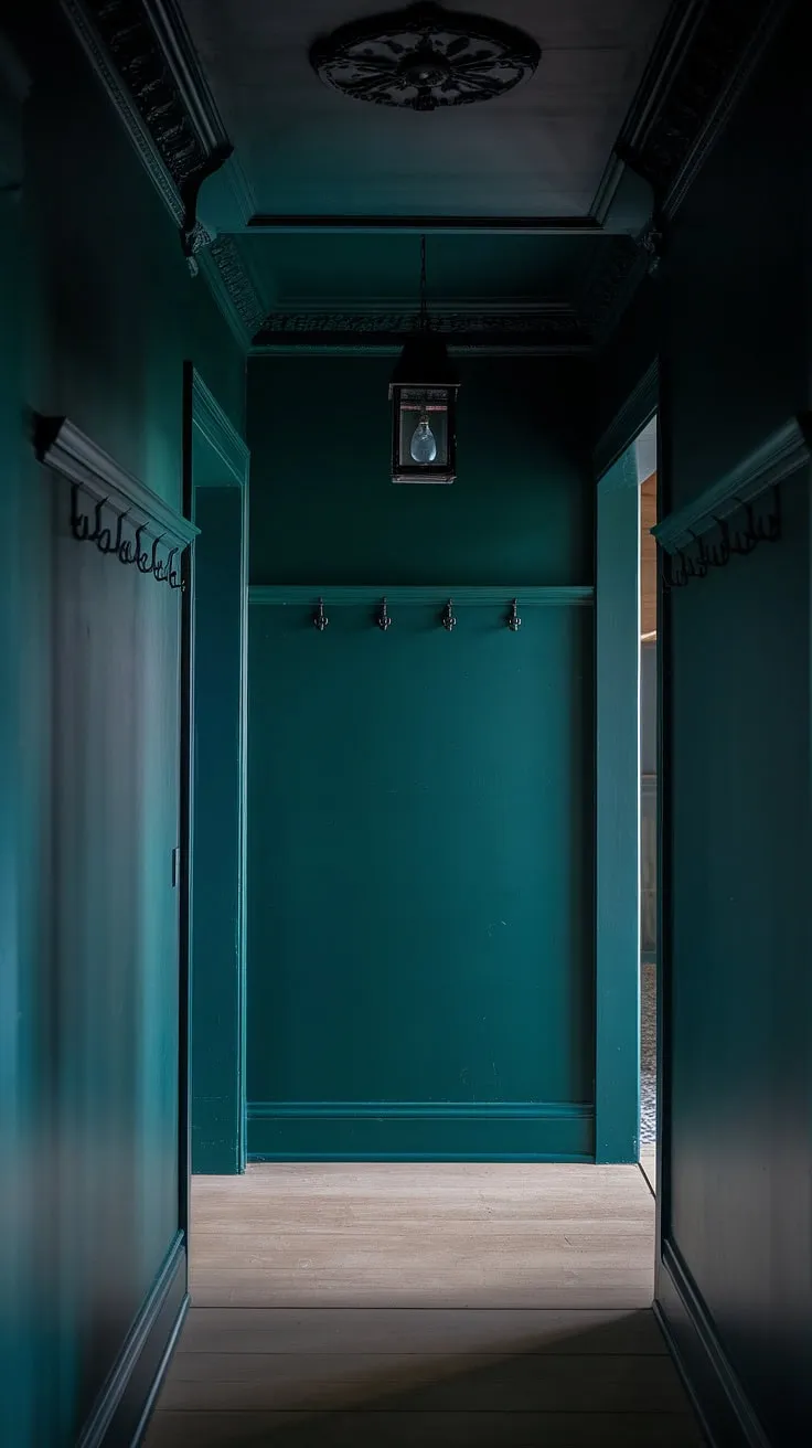A moody hallway featuring deep green walls, a dark painted ceiling, and light wood floors creates a luxe atmosphere enhanced by decorative moldings and a lantern.