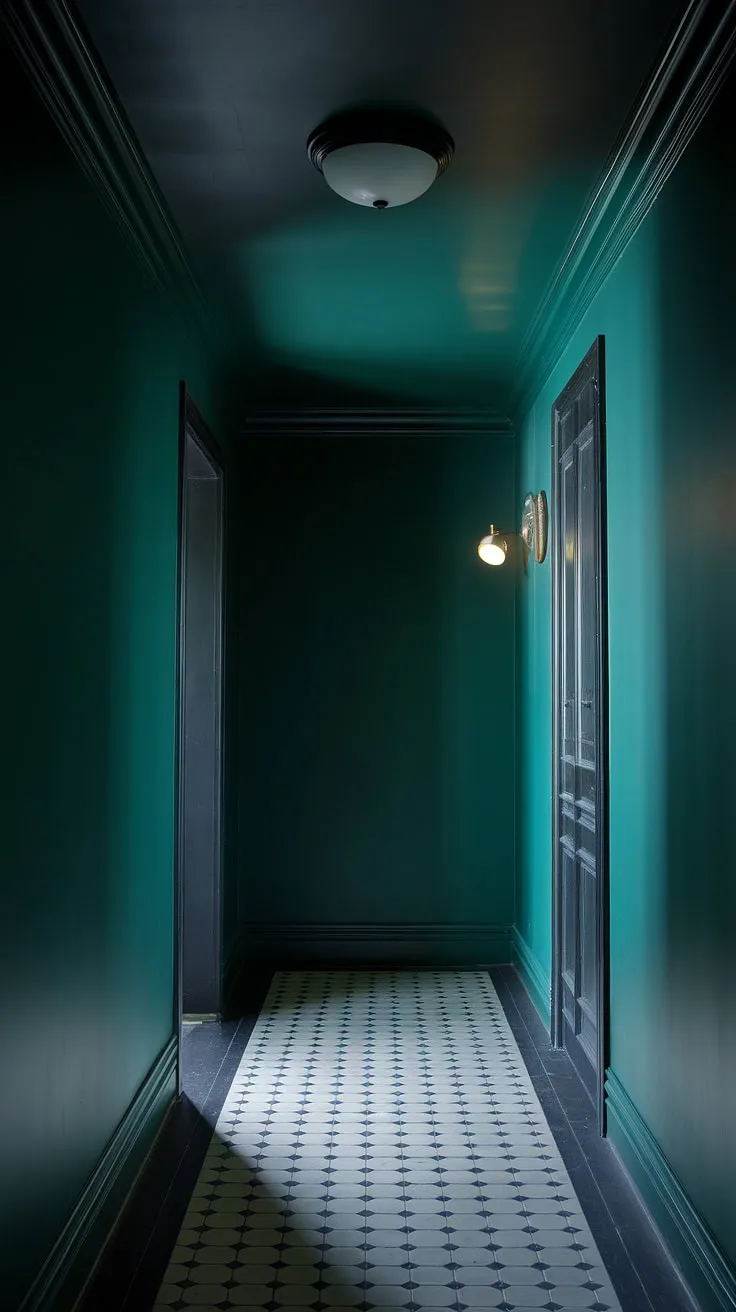 Transform your small dark hallway into a moody luxe retreat with deep green walls, a dark painted ceiling, and striking checkerboard floors that invite intrigue.