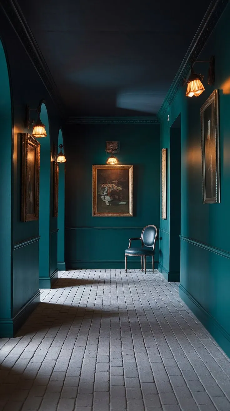 Elevate your dark hallway ideas with a striking combination of deep green walls, a dark ceiling, and light-colored bricks, creating a captivating atmosphere enhanced by vintage decor.