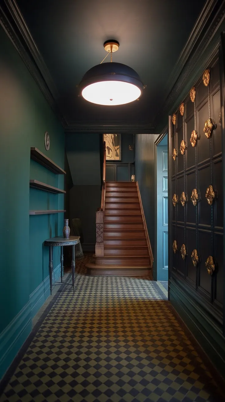 This small dark hallway showcases a sophisticated blend of deep green walls, a dark ceiling, and elegant checkerboard floors, exuding a moody luxe vibe.