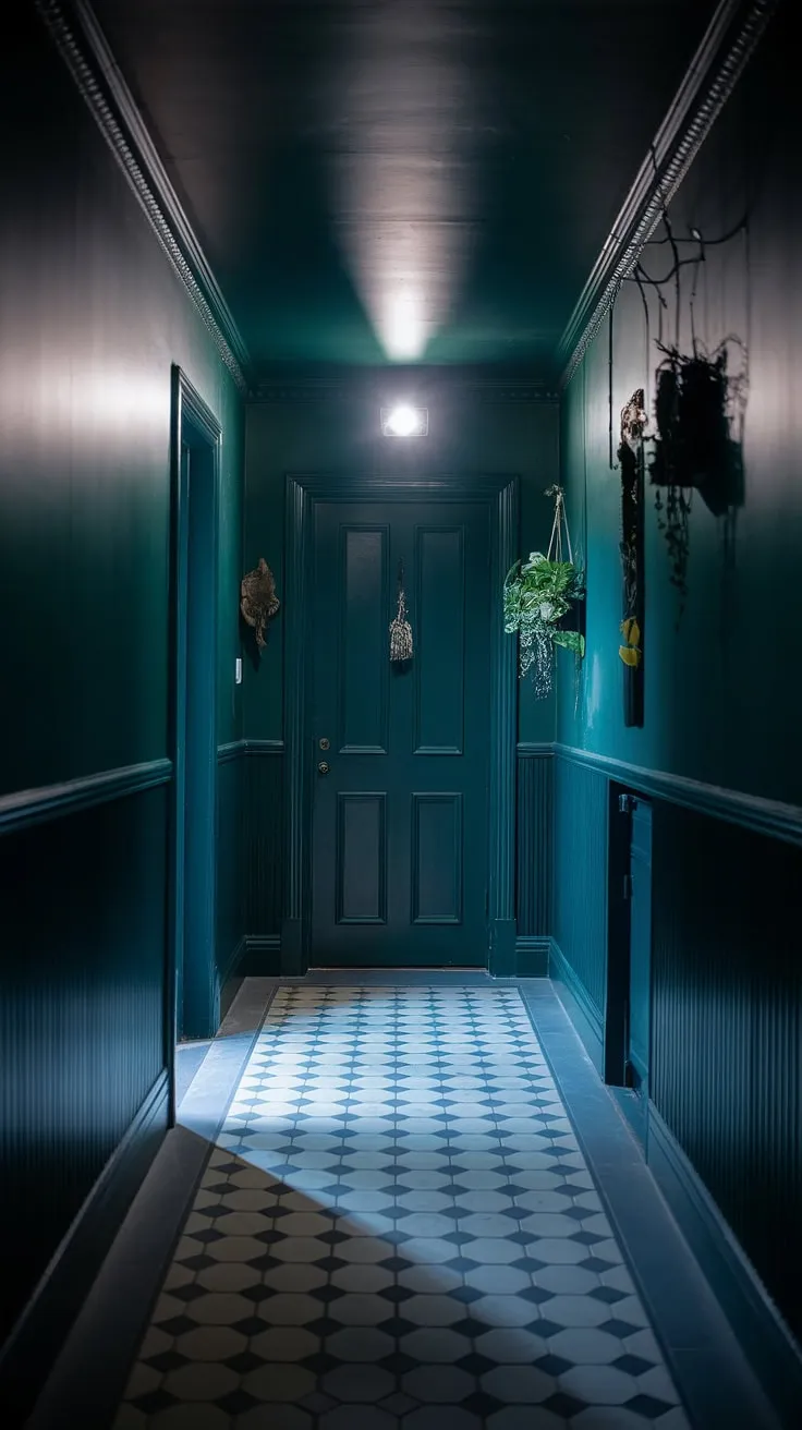 This dark hallway idea showcases deep green walls, a dark ceiling, and a checkerboard floor, resulting in a moody luxe vibe perfect for small spaces.