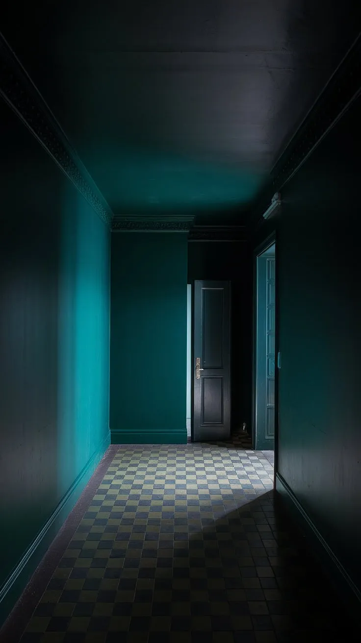 This small dark hallway showcases deep green walls and a dark ceiling, complemented by checkerboard floors and a warm light, embodying moody luxe design.