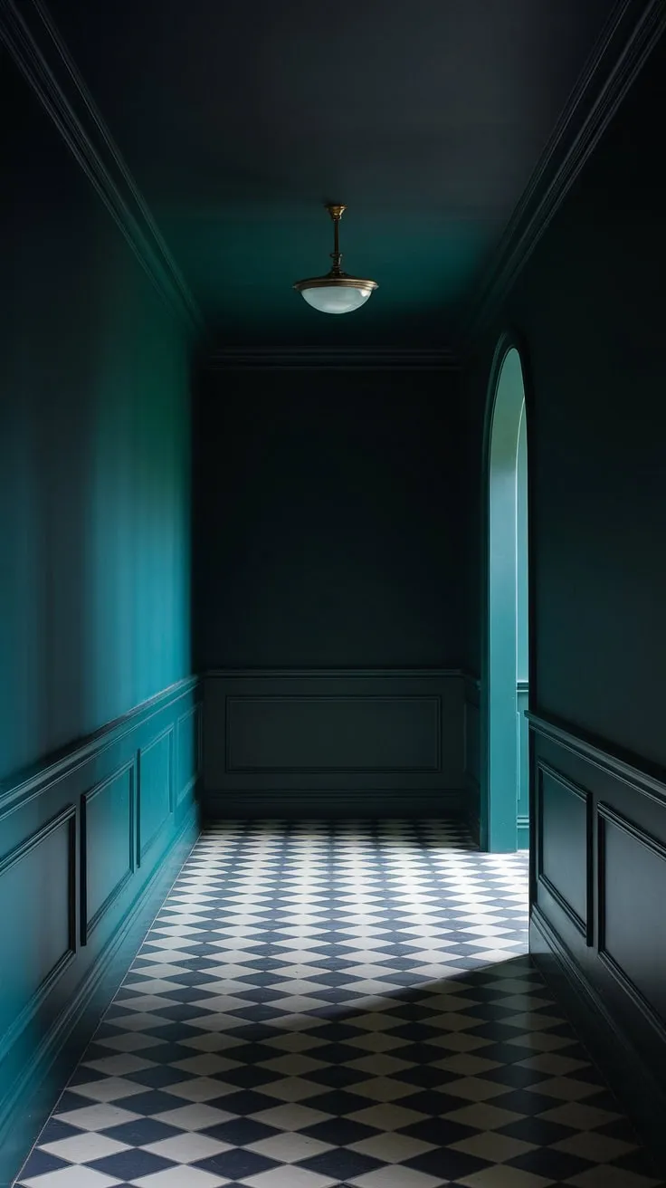 Elevate your dark hallway ideas with a captivating blend of deep green walls, a dark ceiling, and a chic checkerboard floor that contrasts beautifully with the light flooring.