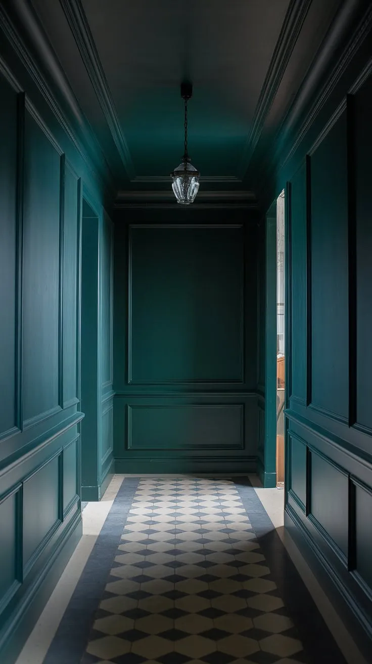 This moody luxe hallway, with its deep green walls, dark ceiling, and light checkerboard floors, exudes sophistication and style.