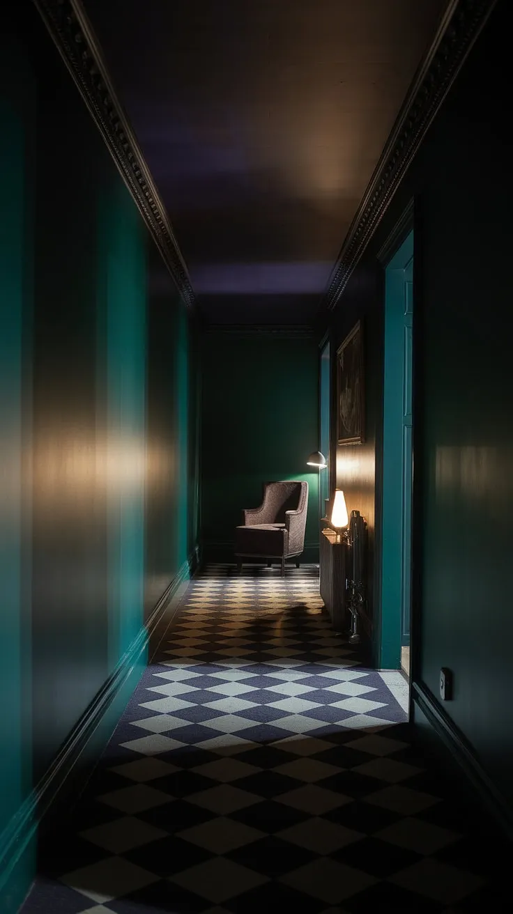 This small dark hallway, with its deep green walls and dark ceiling, exudes moody luxe charm through its checkerboard floors and carefully placed furniture.