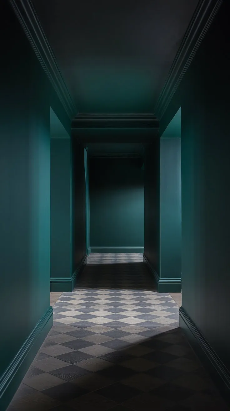 This dark hallway idea showcases deep green walls and a dark ceiling, complemented by a light floor and checkerboard pattern, exuding a moody luxe atmosphere.