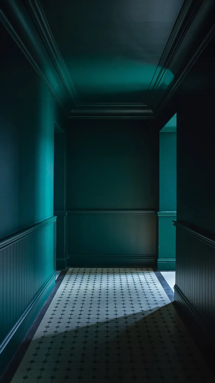 A moody hallway featuring deep green walls, a dark painted ceiling, and light checkerboard floors creates a captivating contrast in this small dark space.
