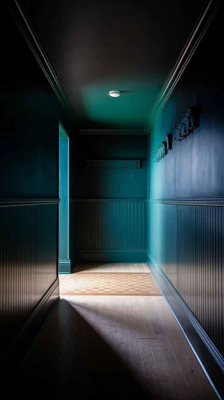 The dimly lit space showcases dark walls and a light floor, enhanced by deep green hues and a checkerboard pattern, perfect for moody hallway ideas.