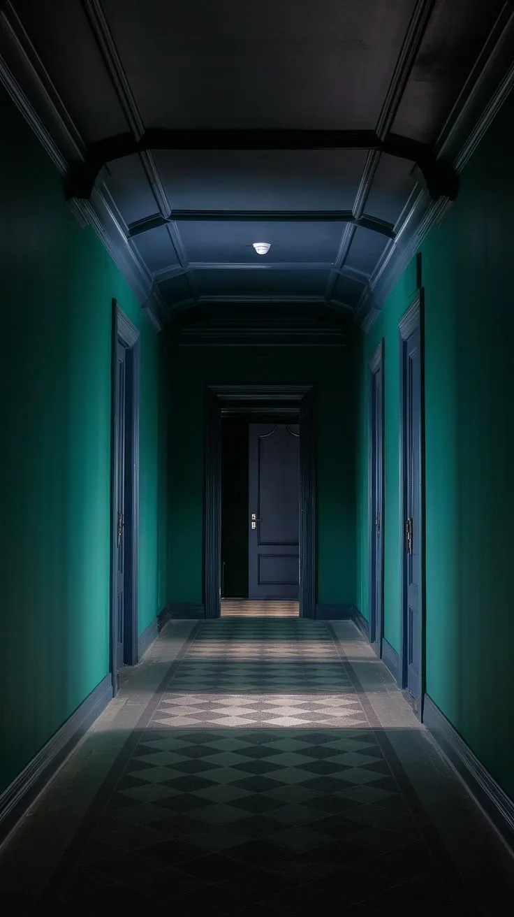 This dark hallway idea showcases deep green walls and a painted ceiling, complemented by a checkerboard floor, exuding a moody luxe vibe.