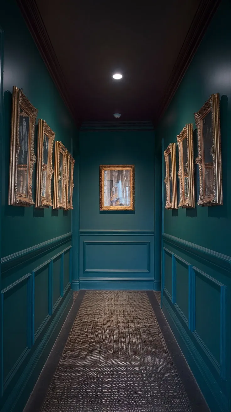 This small dark hallway idea showcases deep green walls and a dark ceiling, complemented by a striking checkerboard floor for a moody luxe vibe.