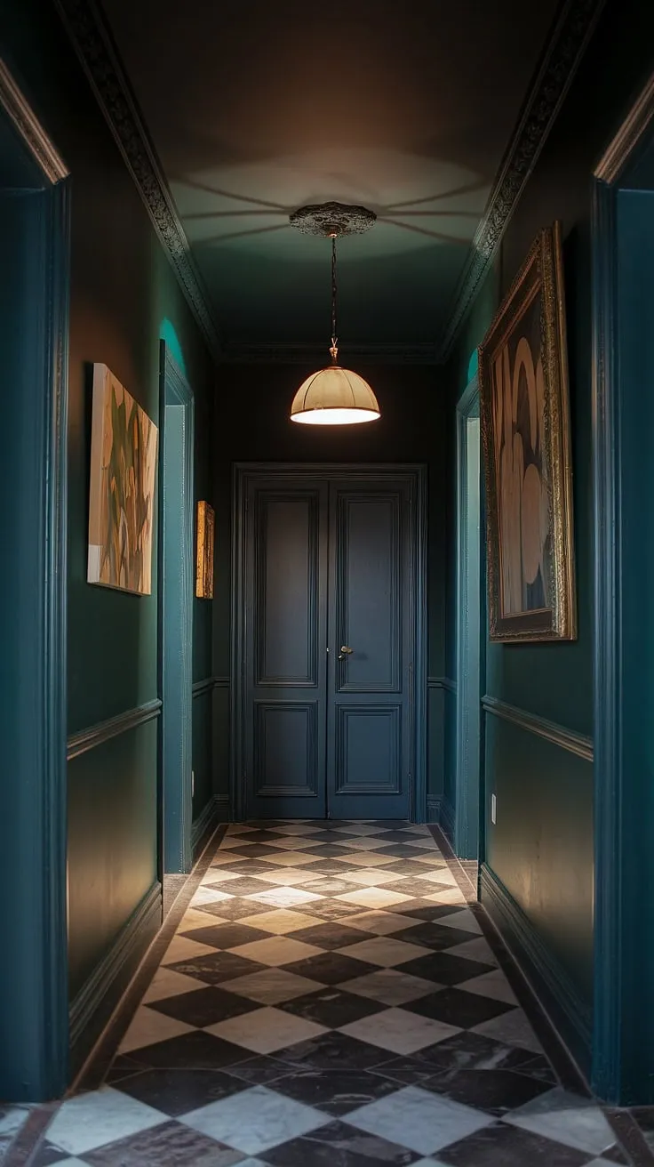 Elevate your dark hallway ideas with a captivating blend of deep green walls, a dark ceiling, and chic checkerboard floors that create an inviting atmosphere.