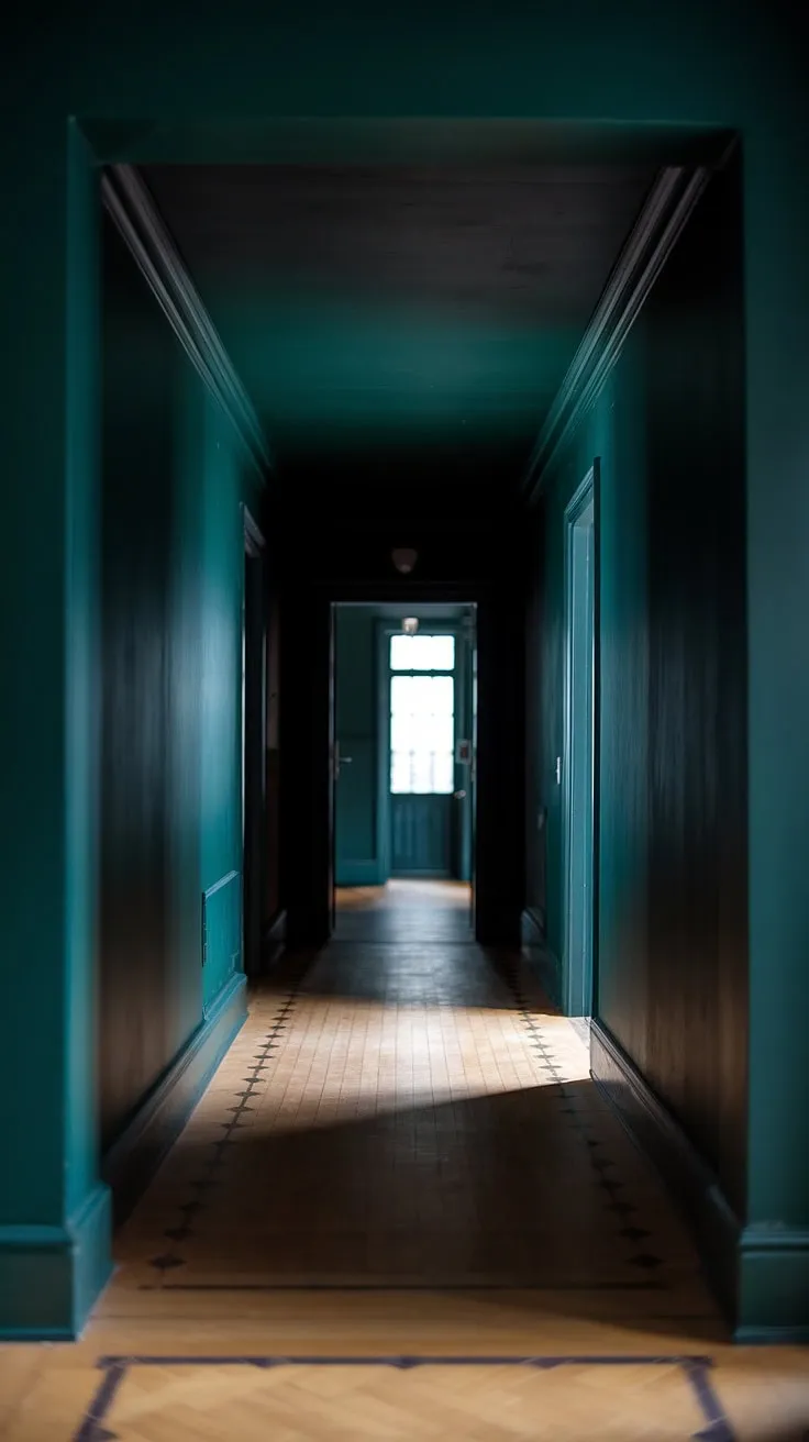 This moody luxe hallway showcases deep green walls and a dark ceiling, complemented by light checkerboard floors that enhance the allure of dark hallways.