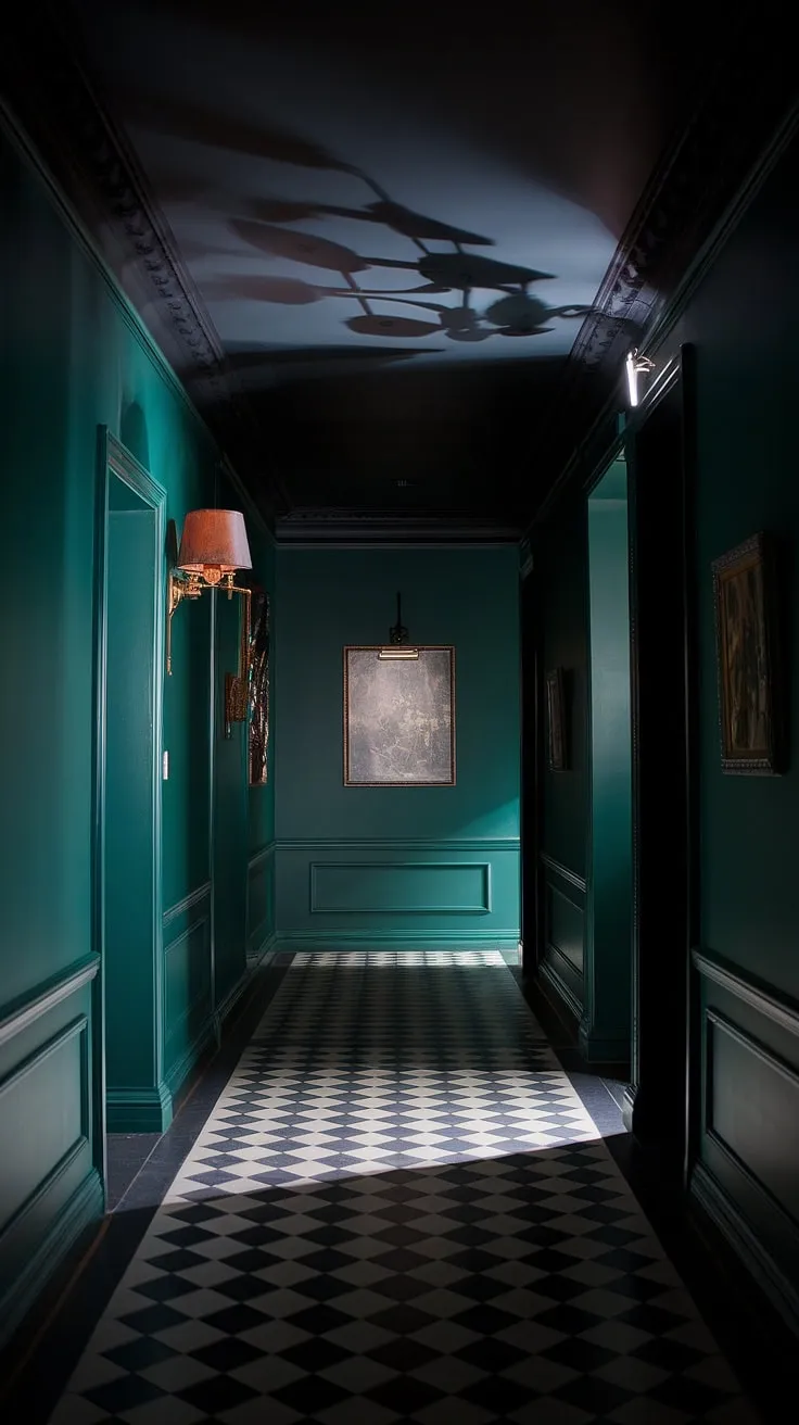 This dark hallway idea showcases deep green walls and a dark ceiling, complemented by a chic checkerboard floor, exuding a moody luxe vibe with a hint of elegance from the light at the end.