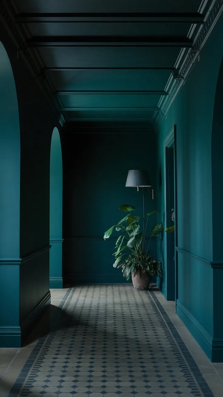 Transform your small dark hallway into a moody luxe retreat with deep green walls, a dark painted ceiling, and stylish checkerboard floors illuminated by soft lighting.