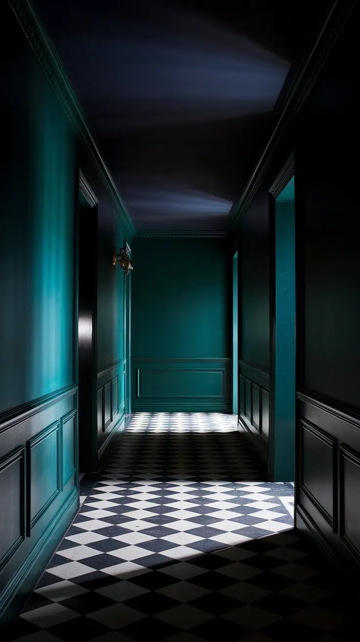 A moody hallway featuring deep green walls, a dark painted ceiling, and striking black and white checkerboard floors creates a luxurious atmosphere illuminated by a distant light.