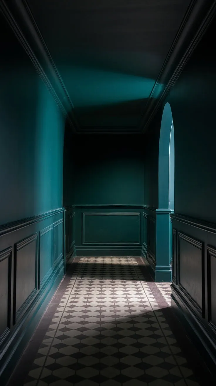 This dark hallway idea showcases deep green walls and a dark ceiling paired with light checkerboard floors, evoking a captivating moody luxe atmosphere.