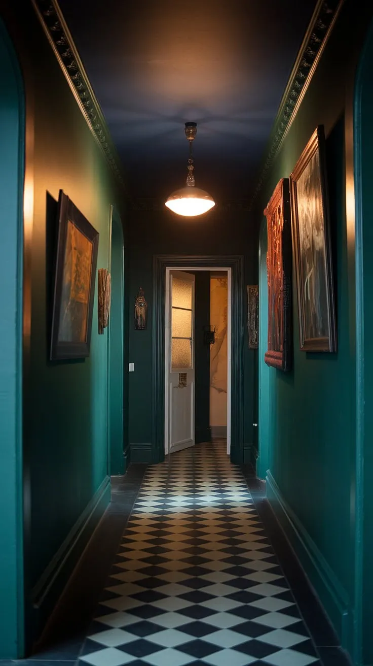 Transform your small dark hallway into a moody luxe retreat with deep green walls, a dark painted ceiling, and striking checkerboard floors.