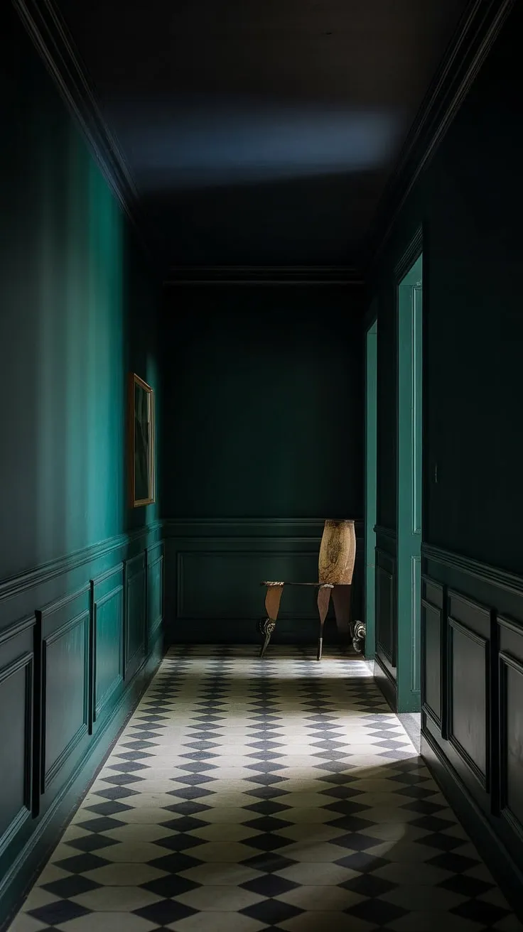 Transform your small dark hallway into a moody luxe retreat with deep green walls, a dark painted ceiling, and stylish checkerboard floors that contrast beautifully with a light floor.