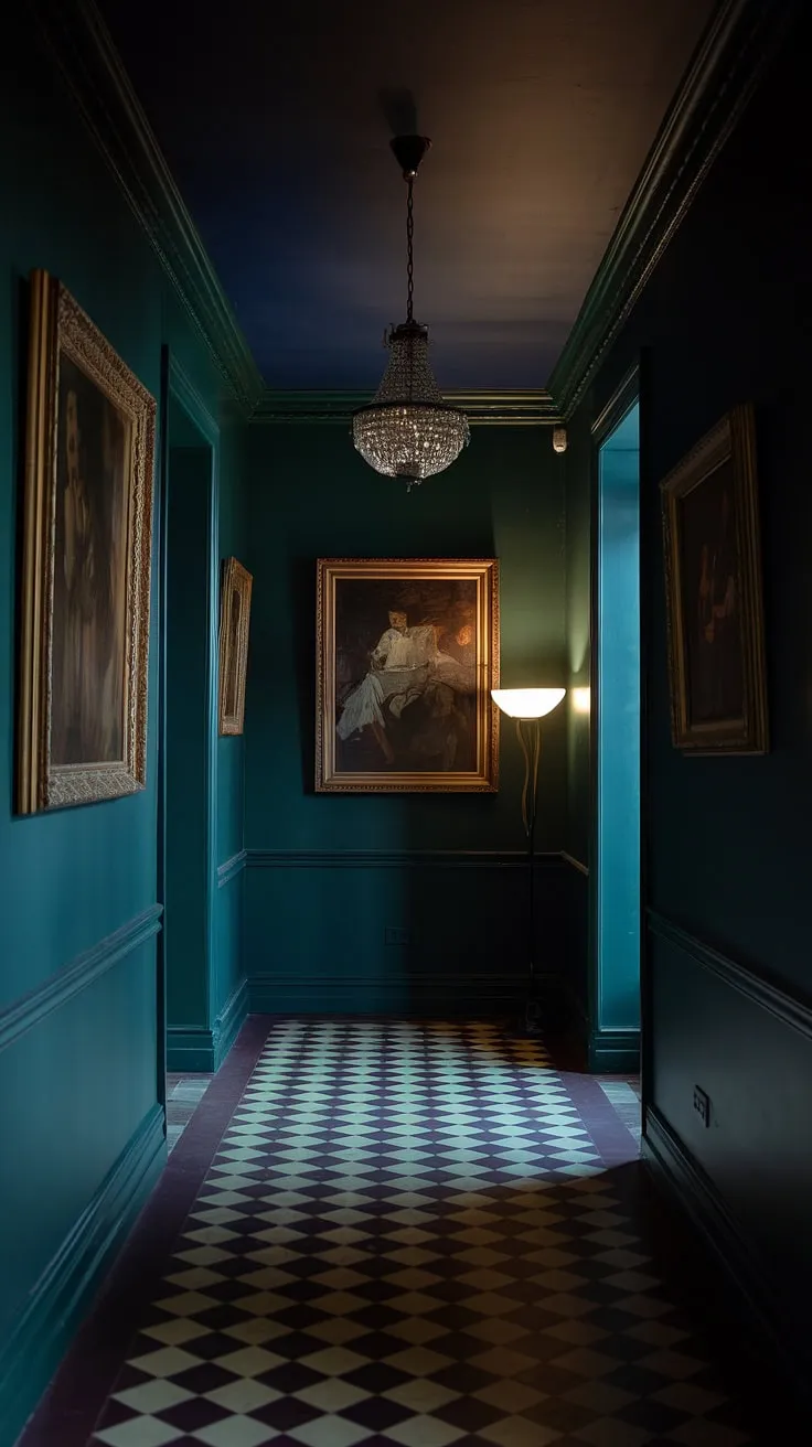 This dark hallway idea showcases deep green walls, a painted ceiling, and checkerboard floors, exuding a moody luxe vibe enhanced by vintage art and a chandelier.