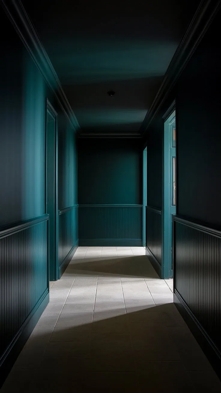 The combination of deep green walls, a dark ceiling, and a light floor in this moody luxe hallway showcases captivating dark hallway ideas perfect for adding depth and drama.