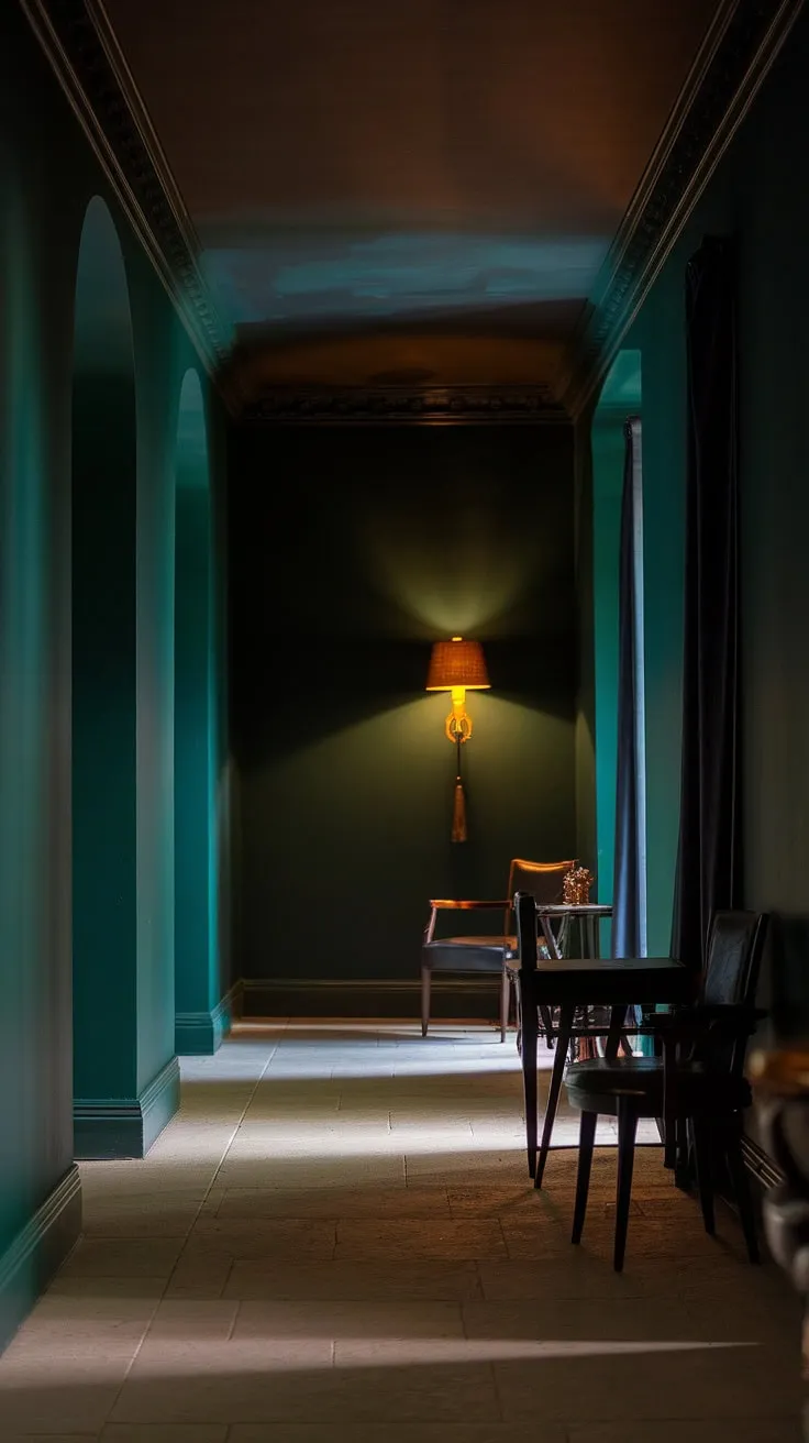 This moody hallway features deep green walls and a dark ceiling, illuminated by a warm lamp, creating an inviting atmosphere amidst its dark and mysterious charm.