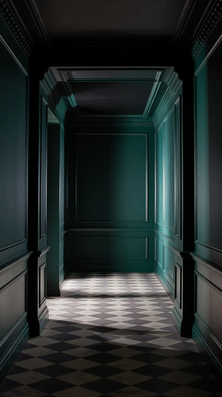 This moody luxe hallway, adorned with deep green walls, a dark ceiling, and a checkerboard floor, exudes sophistication through its interplay of light and shadow in a small dark space.