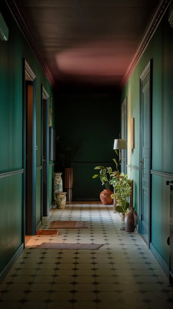 This small dark hallway showcases deep green walls, a dark ceiling, and a light checkerboard floor, exuding a moody luxe vibe with warm lighting and chic accents.