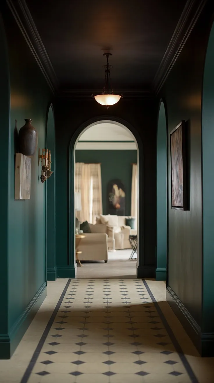 This moody luxe hallway, adorned with deep green walls and a dark ceiling, showcases a stylish checkerboard floor that beautifully balances light and dark elements.