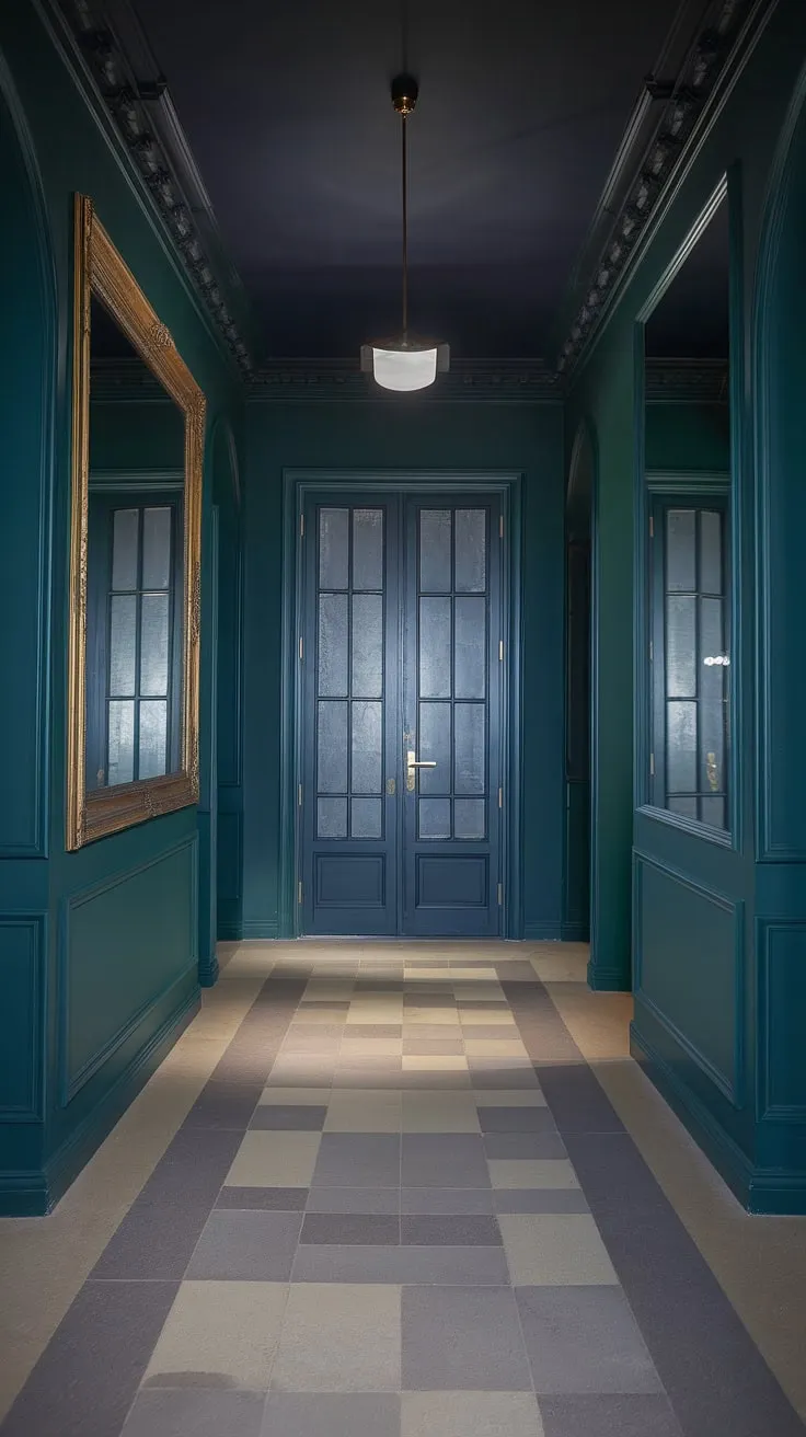 Elevate your dark hallway ideas with a captivating blend of deep green walls, a dark ceiling, and a chic checkerboard floor that leads to double doors.