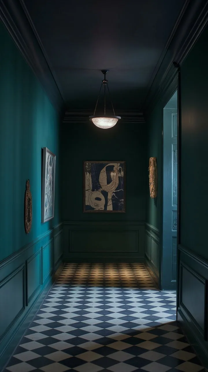 In this hallway, deep green walls and a shadowy ceiling evoke sophisticated mystery, while a dramatic black and white checkerboard floor and subtle artwork whisper untold stories of quiet elegance.