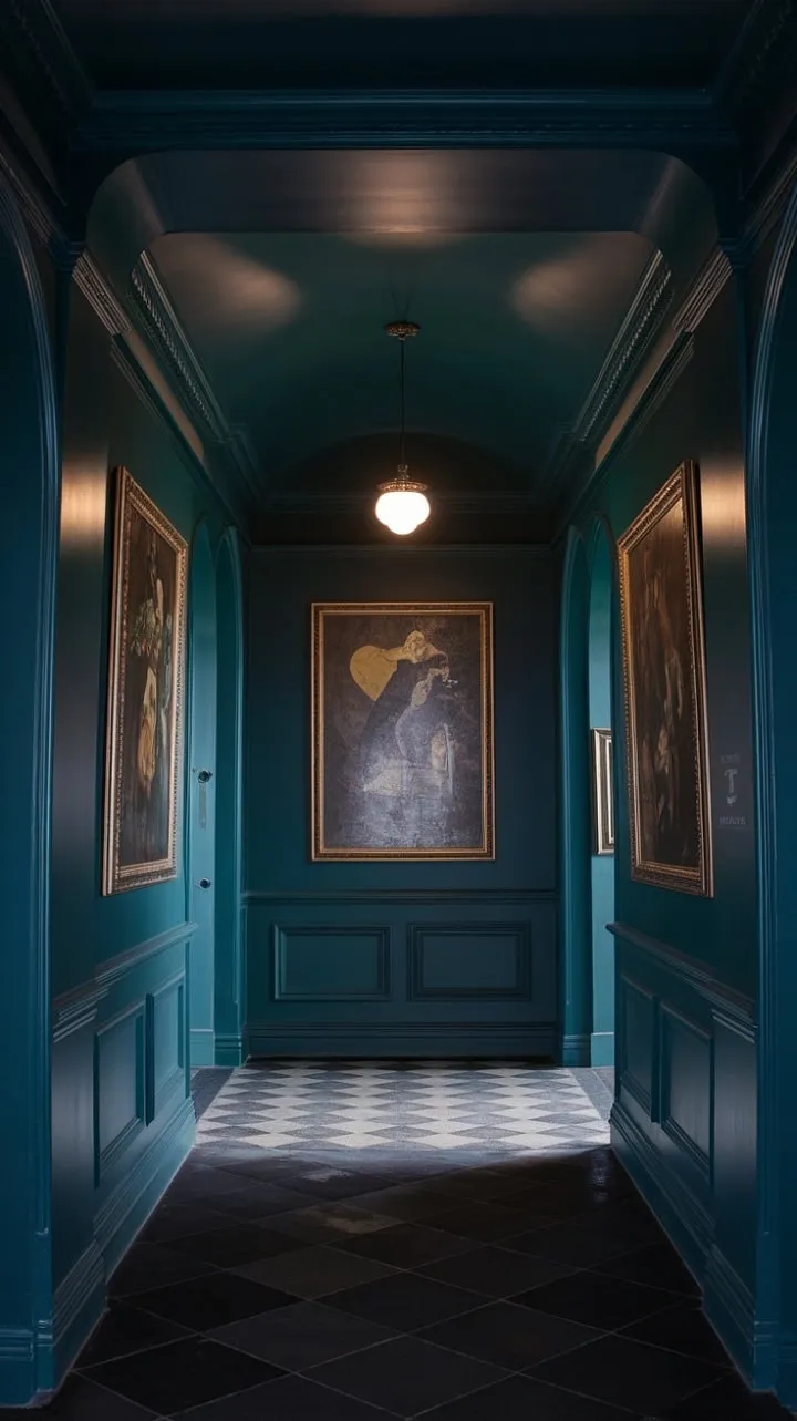 In this enchanting hallway, deep green walls and a dark ceiling evoke sophisticated mystery, while a playful checkerboard floor and warm lighting invite intrigue at every turn.