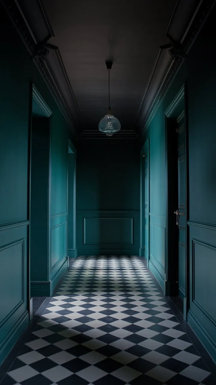 In this hallway, deep green walls and a dark ceiling evoke sophisticated mystery, while a dramatic black and white checkerboard floor and a solitary pendant light enhance its modern luxe allure.