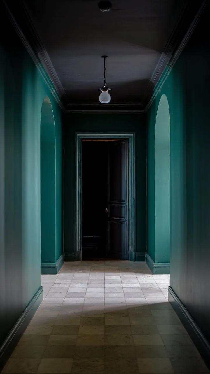 In a hushed atmosphere of anticipation, deep green walls and a checkered marble floor beckon with secrets of the past, illuminated by a solitary light guiding the way to hidden mysteries.
