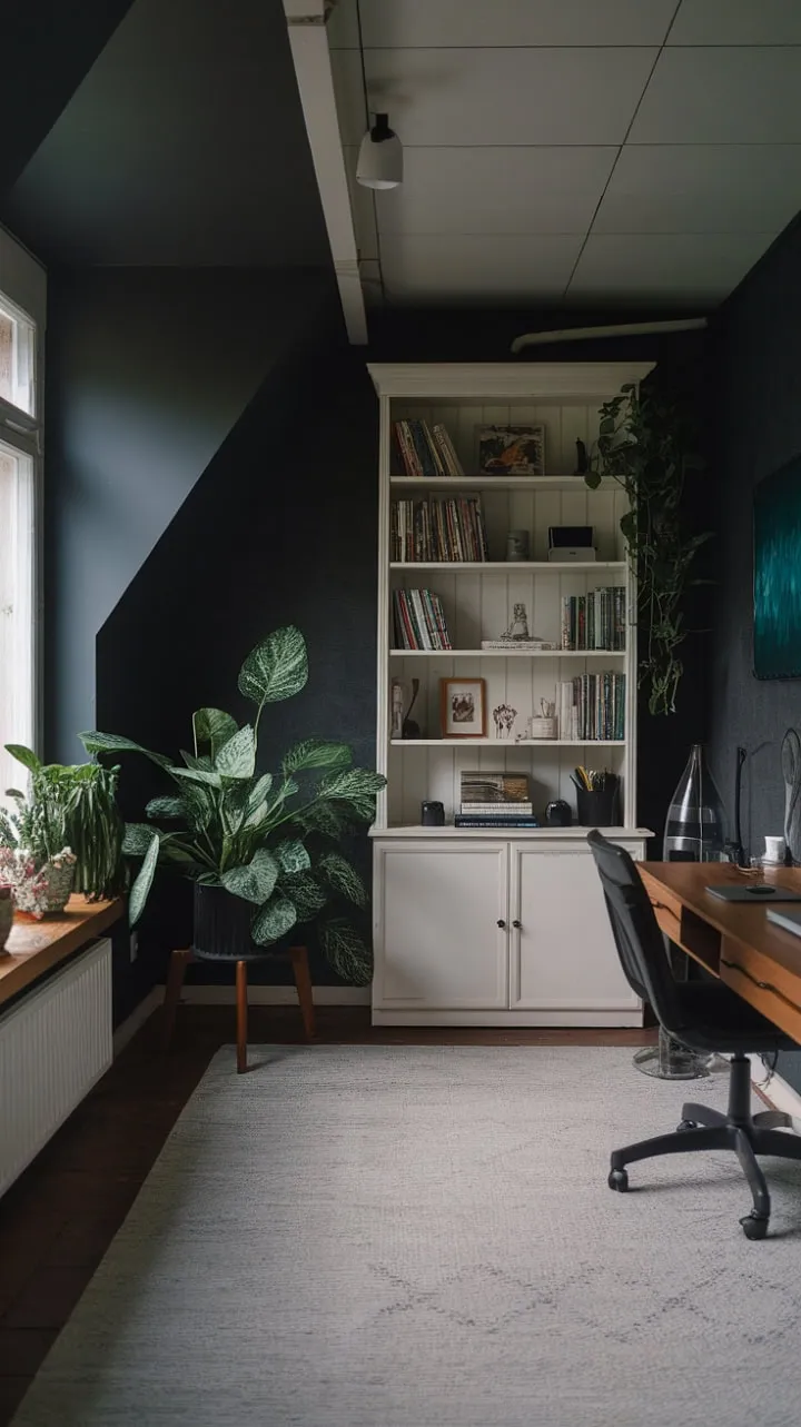 This stylish home office harmoniously combines moody gray tones with modern elegance and a refreshing touch of greenery for a calming workspace.