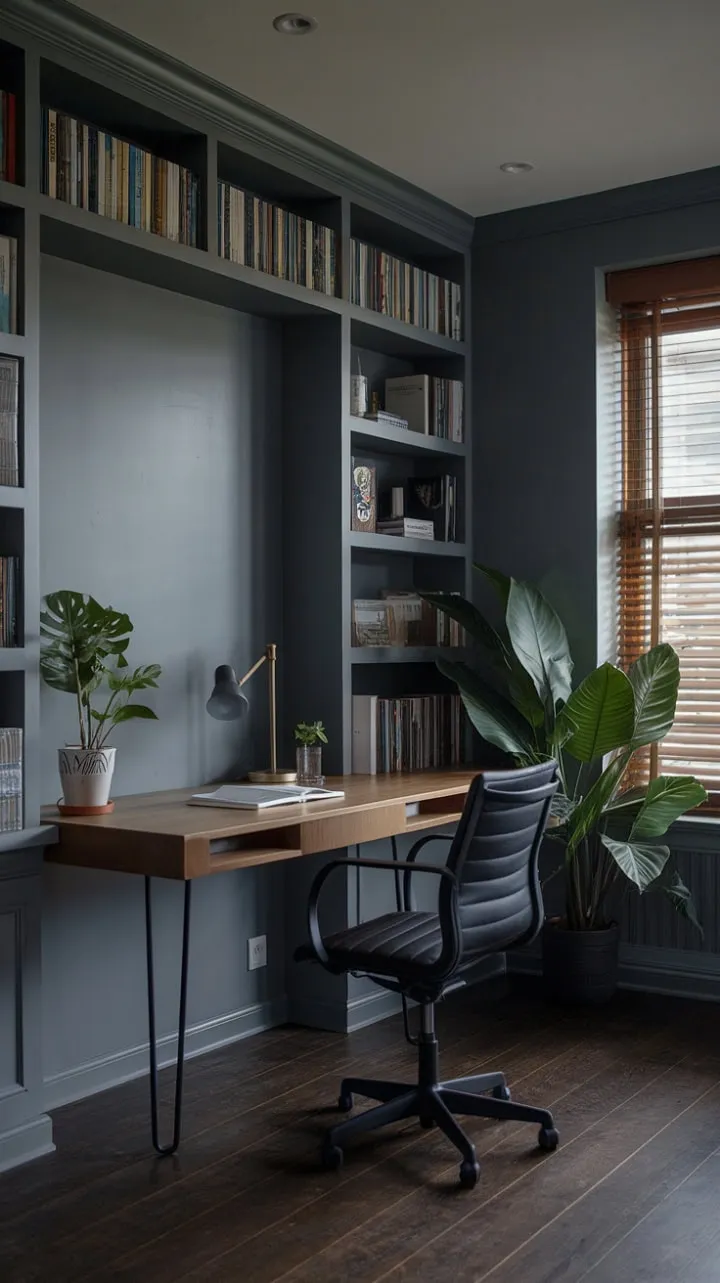 In this serene workspace, grey walls and warm wood harmonize with soft lighting and greenery, crafting a minimalist haven where creativity flourishes.