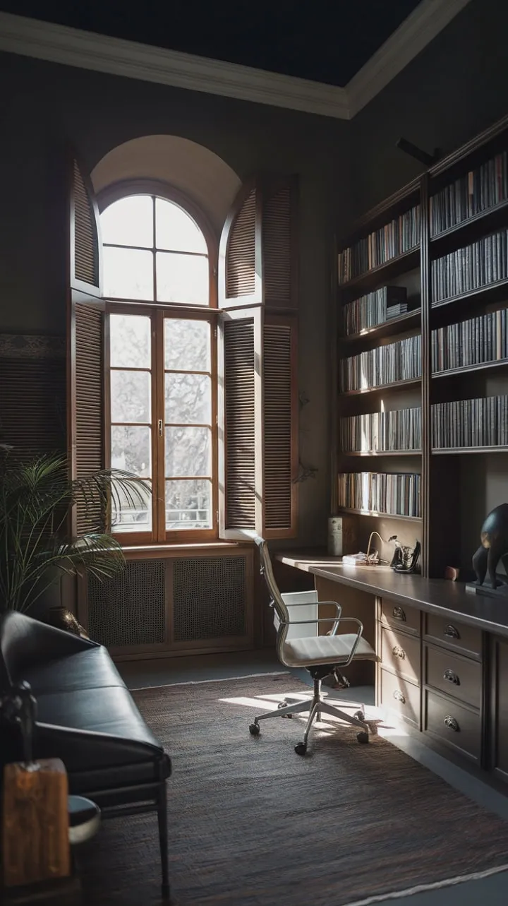 In a striking blend of dark grey and natural light, this modern home office features a minimalist desk and curated bookshelf, all brought to life by a refreshing touch of greenery.