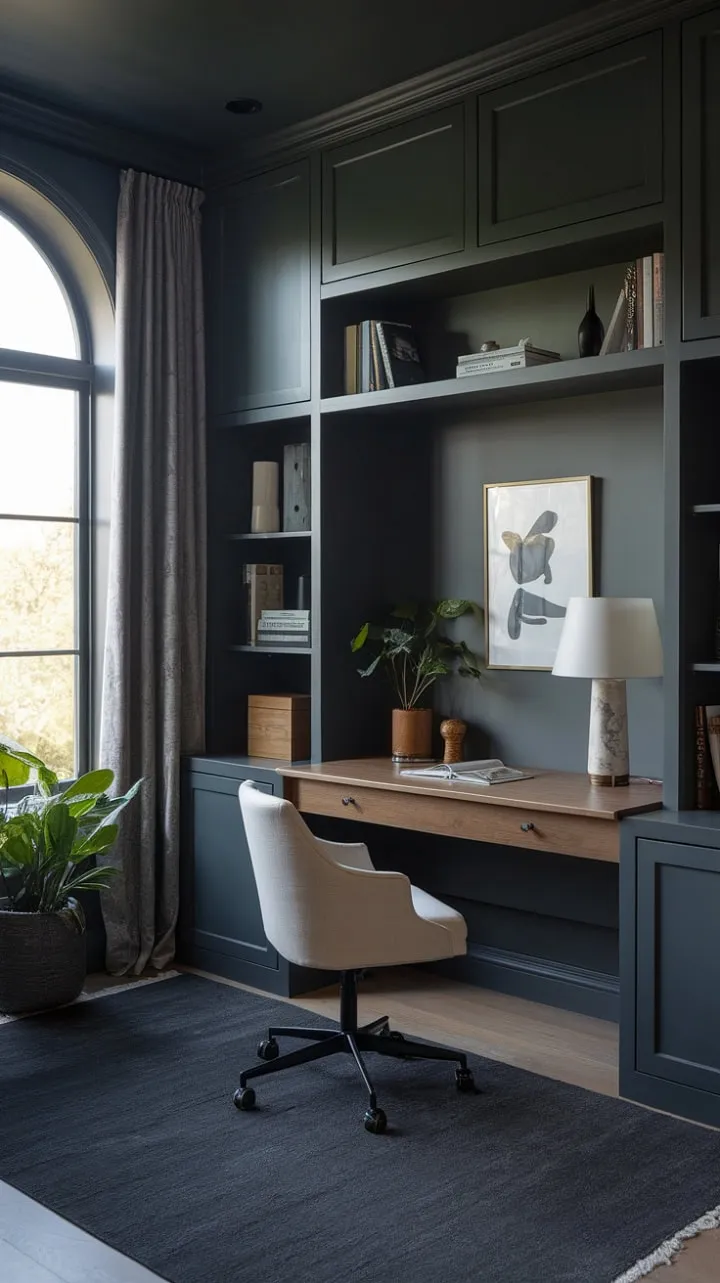 This sophisticated home office, with its dark grey walls and sleek wooden desk, masterfully blends natural light and thoughtful accents to foster a serene environment for productivity and reflection.