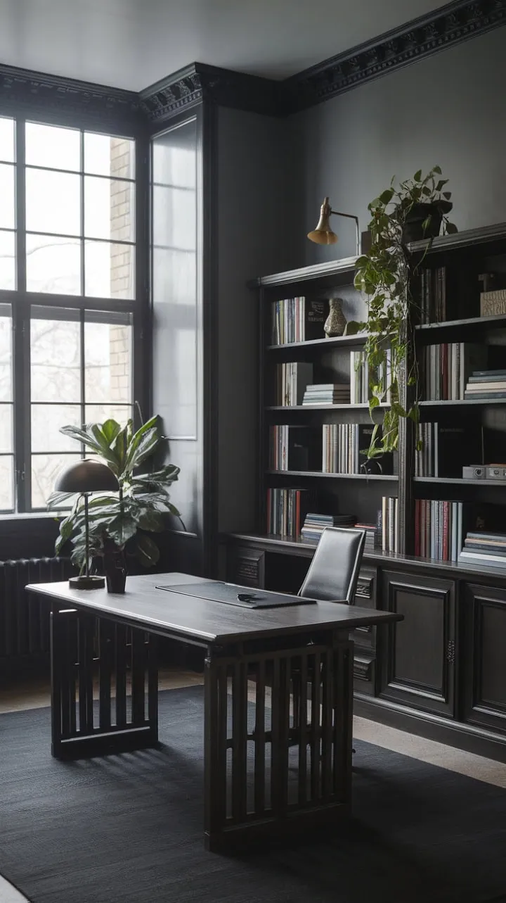 In this modern home office, dark wooden tones and gray walls harmonize with natural light and a touch of greenery, crafting an inspiring haven for productivity.