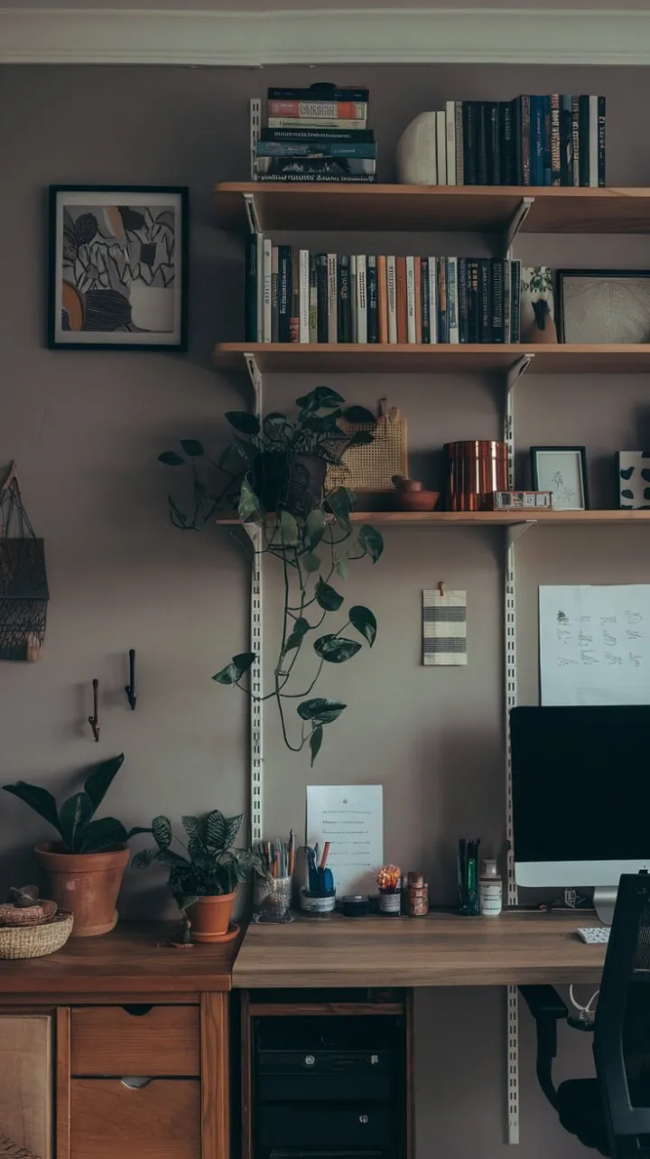 This serene home office, illuminated by natural light and adorned with curated books and greenery, is a cozy sanctuary that fuels creativity and ambition.