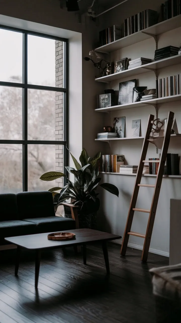 This modern home office harmoniously blends dark wood floors and a serene color palette with abundant natural light, creating an inspiring retreat for productivity.