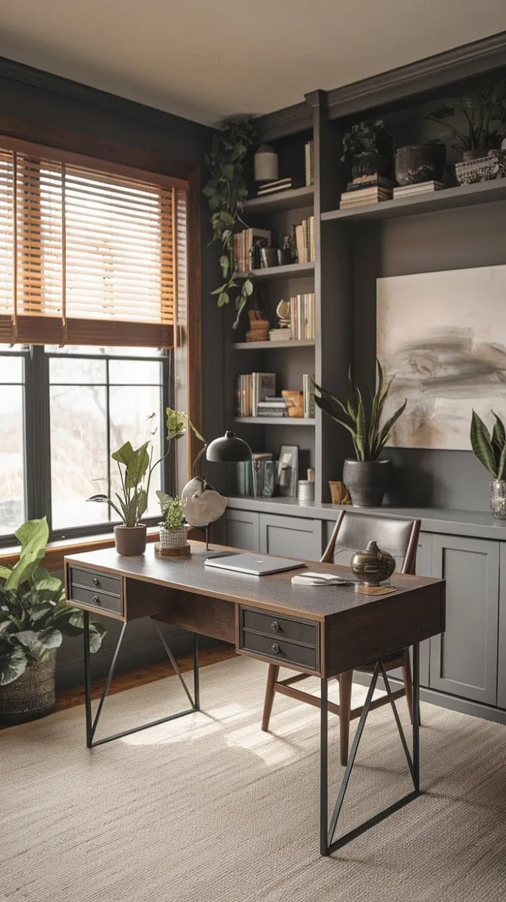 Bathed in sunlight, this serene home office harmoniously blends mid-century modern design with a curated collection of plants and books, creating an inspiring sanctuary for productivity.