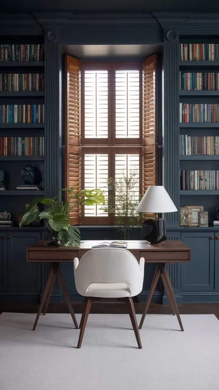This stylish home office harmoniously combines modern aesthetics with cozy comfort, featuring dark grey walls, ample natural light, and inviting decor for an inspiring work environment.