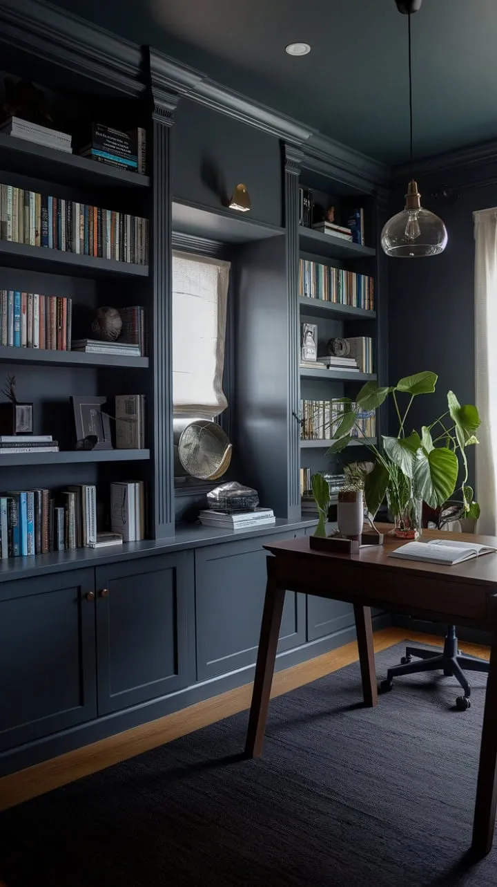 In a sophisticated modern home office, dark grey walls and a plush rug set the stage for creativity, enhanced by built-in bookshelves filled with curated treasures and a tranquil pendant-lit corner.