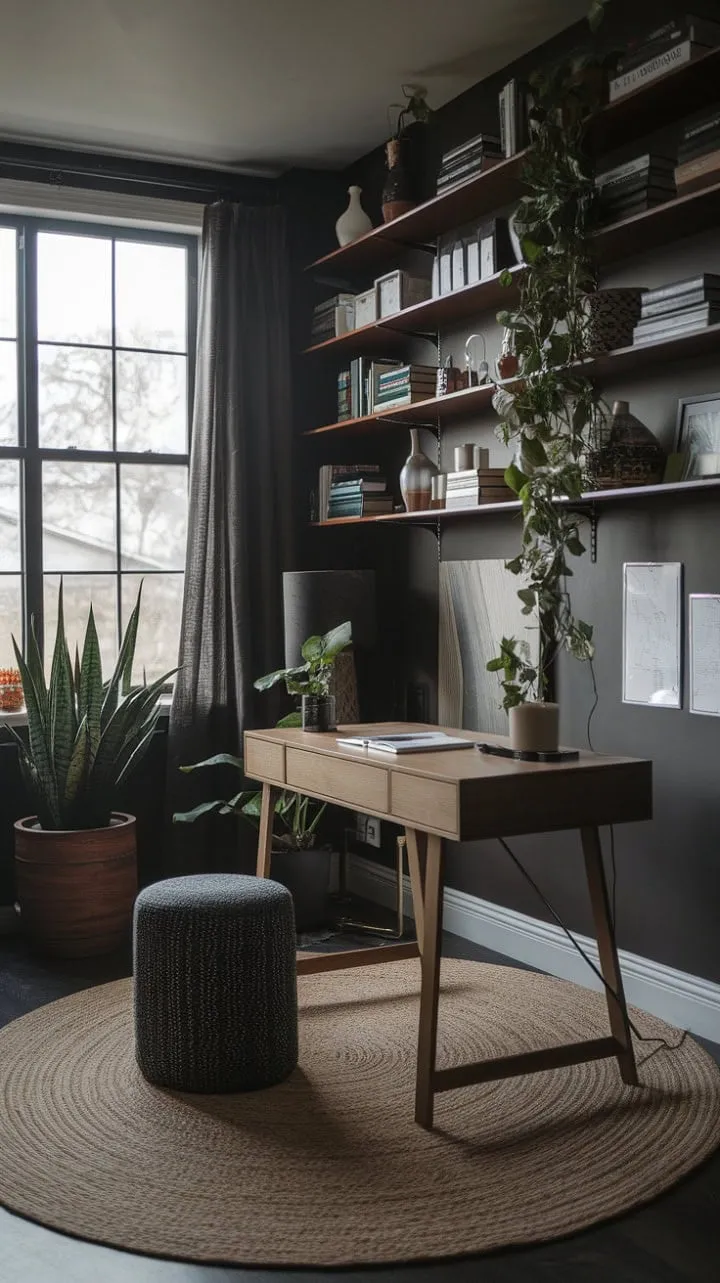In a moody sanctuary of deep hues and curated treasures, creativity flourishes amidst the quiet elegance of productivity.