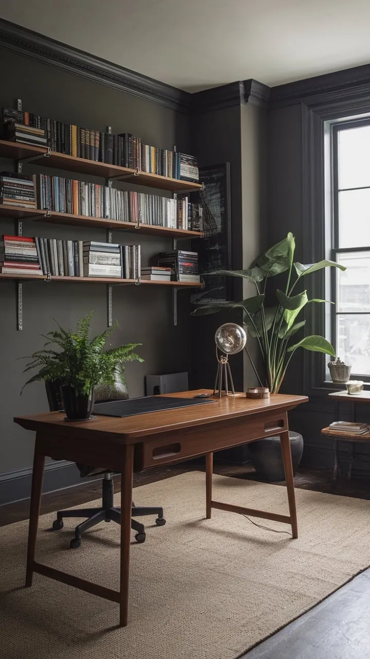 This inspiring workspace blends dark grey walls and minimalist design with rich wood accents and vibrant plants, creating a harmonious haven for creativity and productivity.