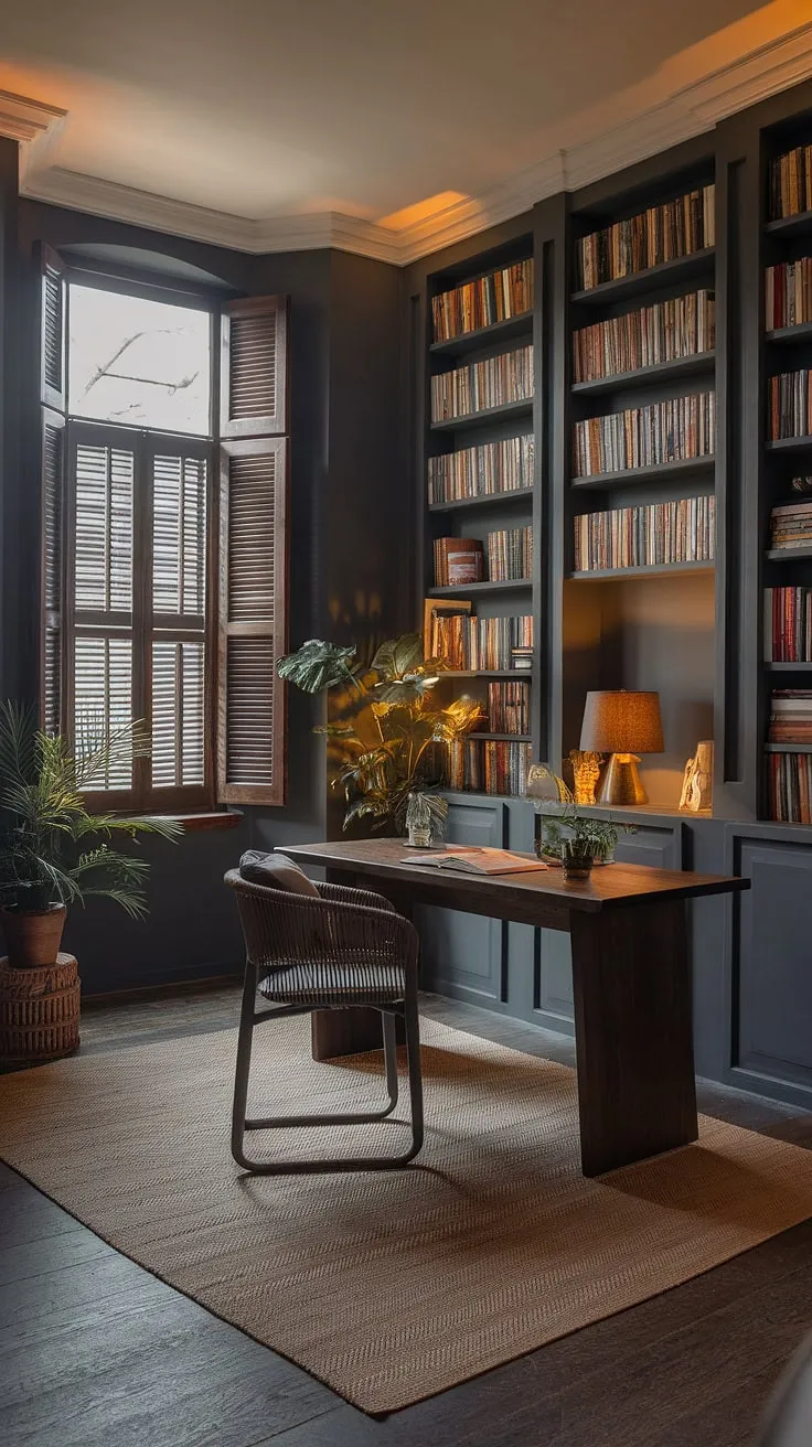 With its dark tones and inviting ambiance, this modern home office blends a moody aesthetic with functional office inspo, perfect for a home library design or office library.