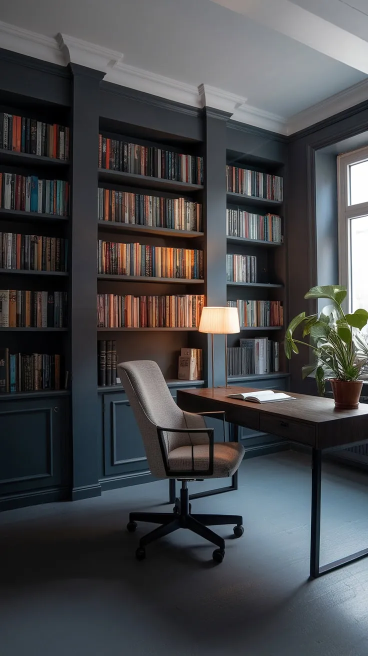 This moody home office features a modern design with dark gray walls, built-in bookshelves, and a cozy setup perfect for inspiring creativity in a stylish office library.