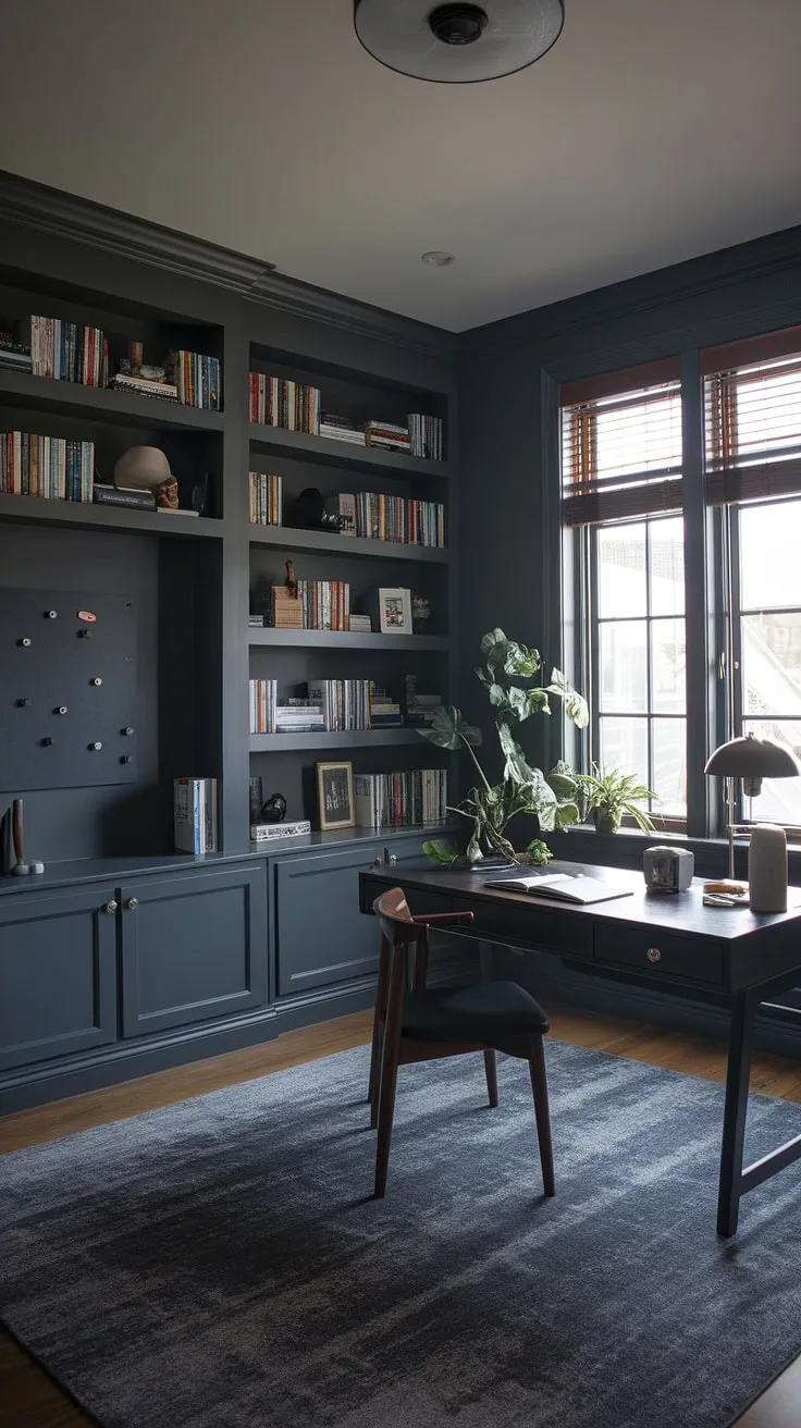 The modern home office showcases a moody aesthetic with dark gray walls, a functional office library, and a thoughtfully designed home office space that inspires creativity.
